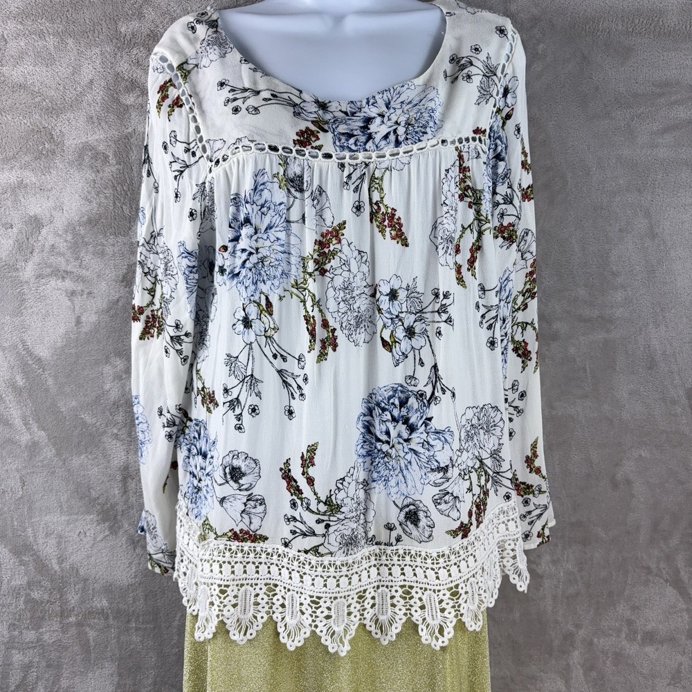 Maeve Floral Blouse Womens Size Large Ivory Blue Lace Bohemian Long‎ Sleeve